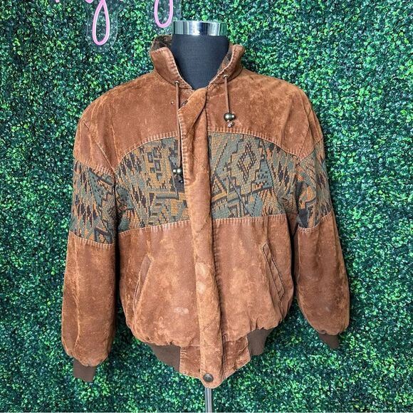 Vintage Brown Aztec Western Navajo Native Bomber Knit Jacket Sz L - Picture 1 of 14